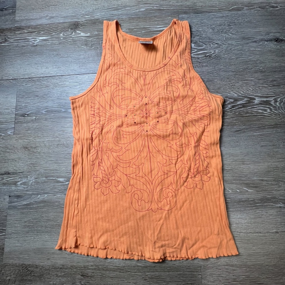 The Balance Collection Tank Top Womens L Orange Graphic Rhinestone‎ Lettuce Hem
